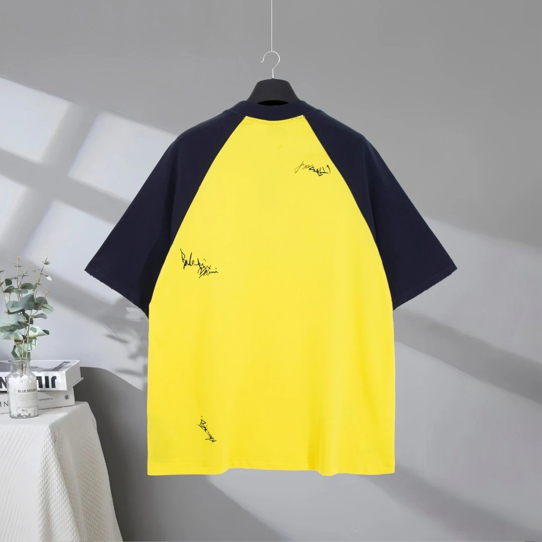 Balenciaga Unisex Yellow and Black Signature Print T-Shirt, Trendy Oversized Design, Soft Cotton Casual Top, Luxury Streetwear Fashion.