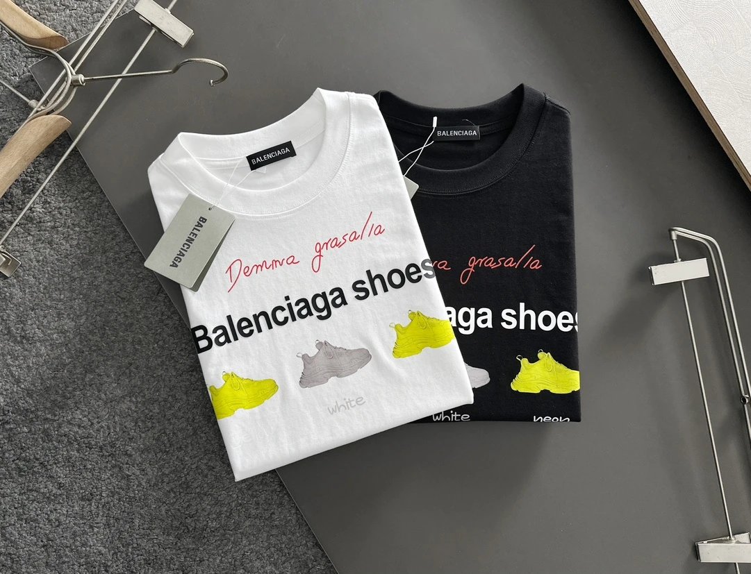Balenciaga T-Shirt featuring stylish shoe print design, premium cotton fabric, unisex casual wear, perfect for street fashion and everyday comfort.