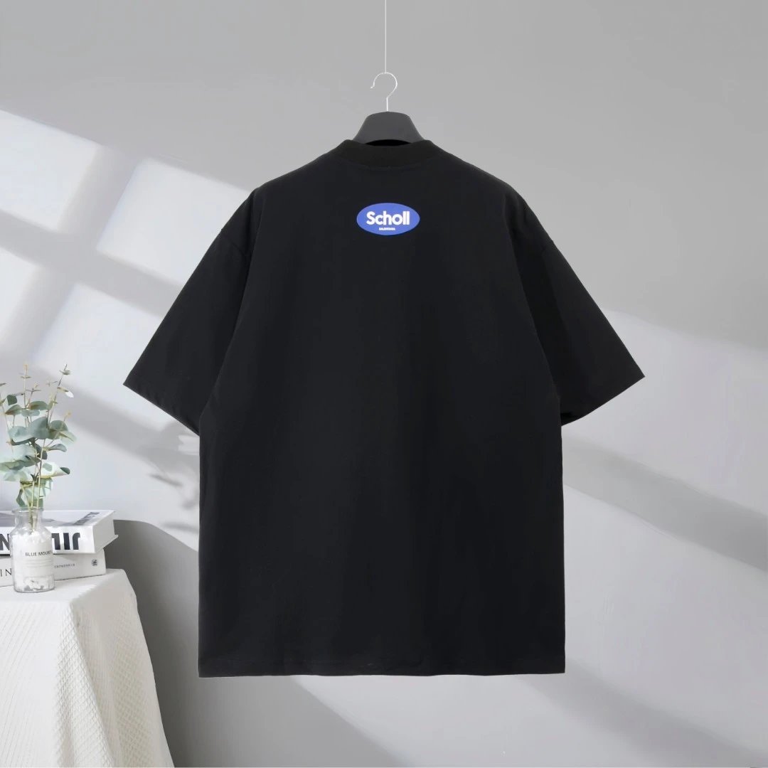 Balenciaga Scholl Logo T-Shirt, premium cotton tee with bold blue oval print, modern oversized fit for streetwear style, casual fashion top for men and women.