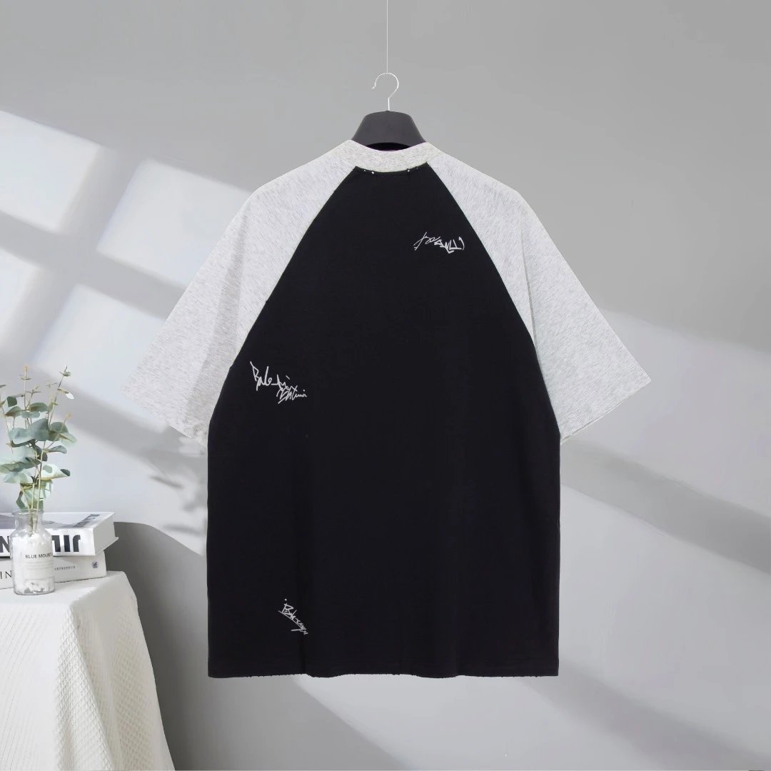 Balenciaga T-Shirt, stylish unisex design with signature print, contrast raglan sleeves, premium cotton fabric, perfect for casual streetwear and daily fashion outfits.
