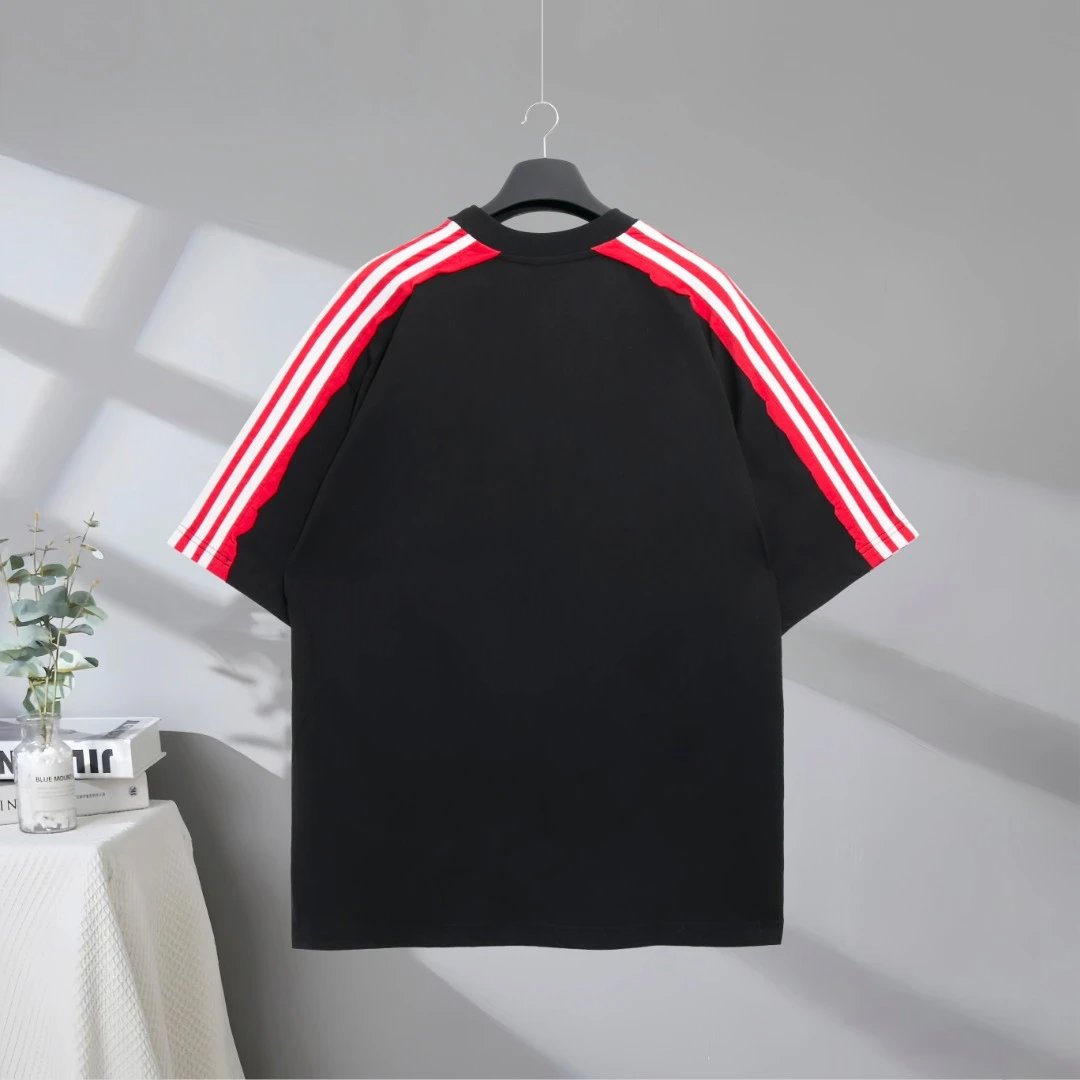 Balenciaga Men's Black T-Shirt with Red and White Shoulder Stripes, Casual Oversized Streetwear Top, Designer Logo Tee for Fashion Lovers