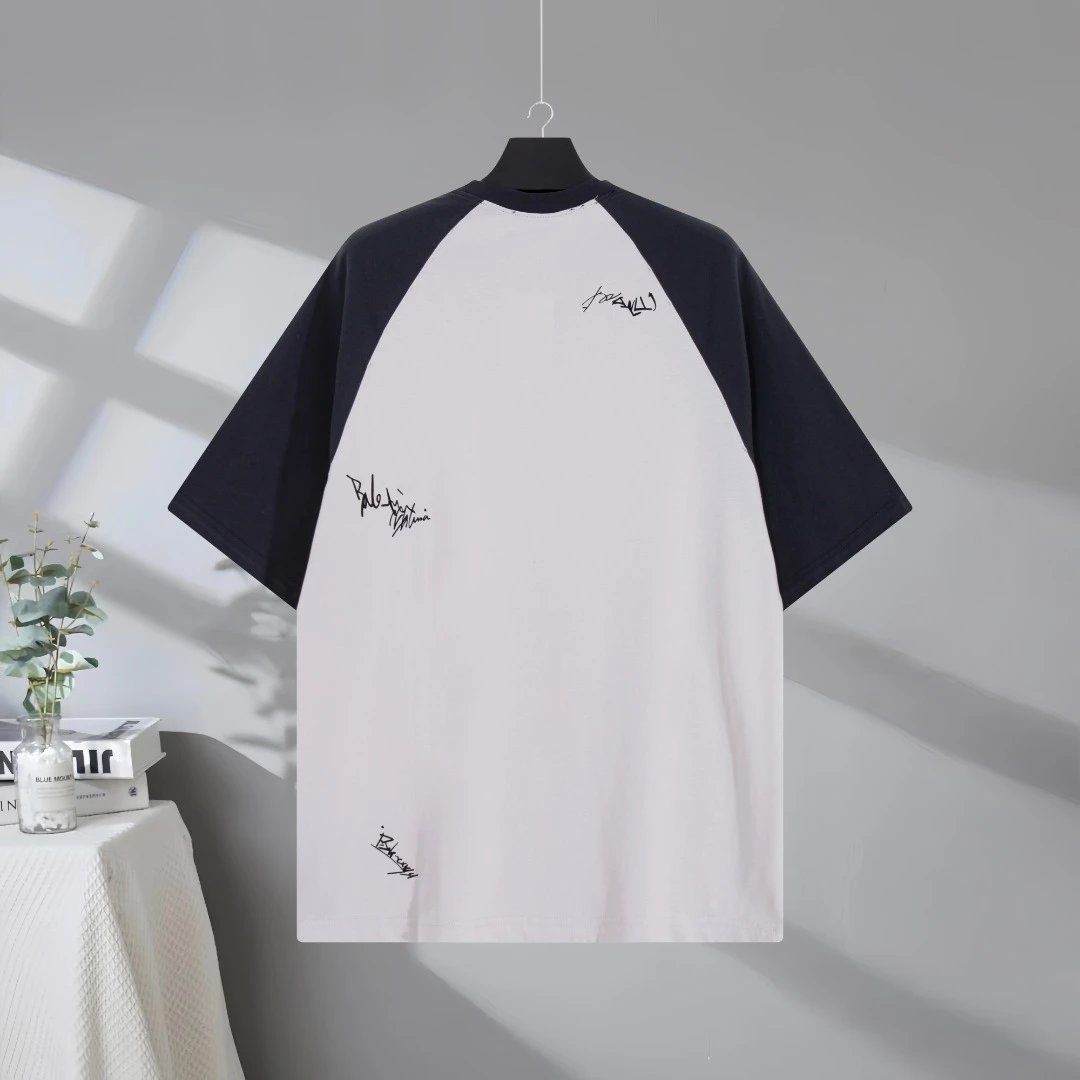 Balenciaga Signature Print T-Shirt, stylish casual design featuring logo patch, black and white color block, perfect for streetwear fashion and everyday wear.