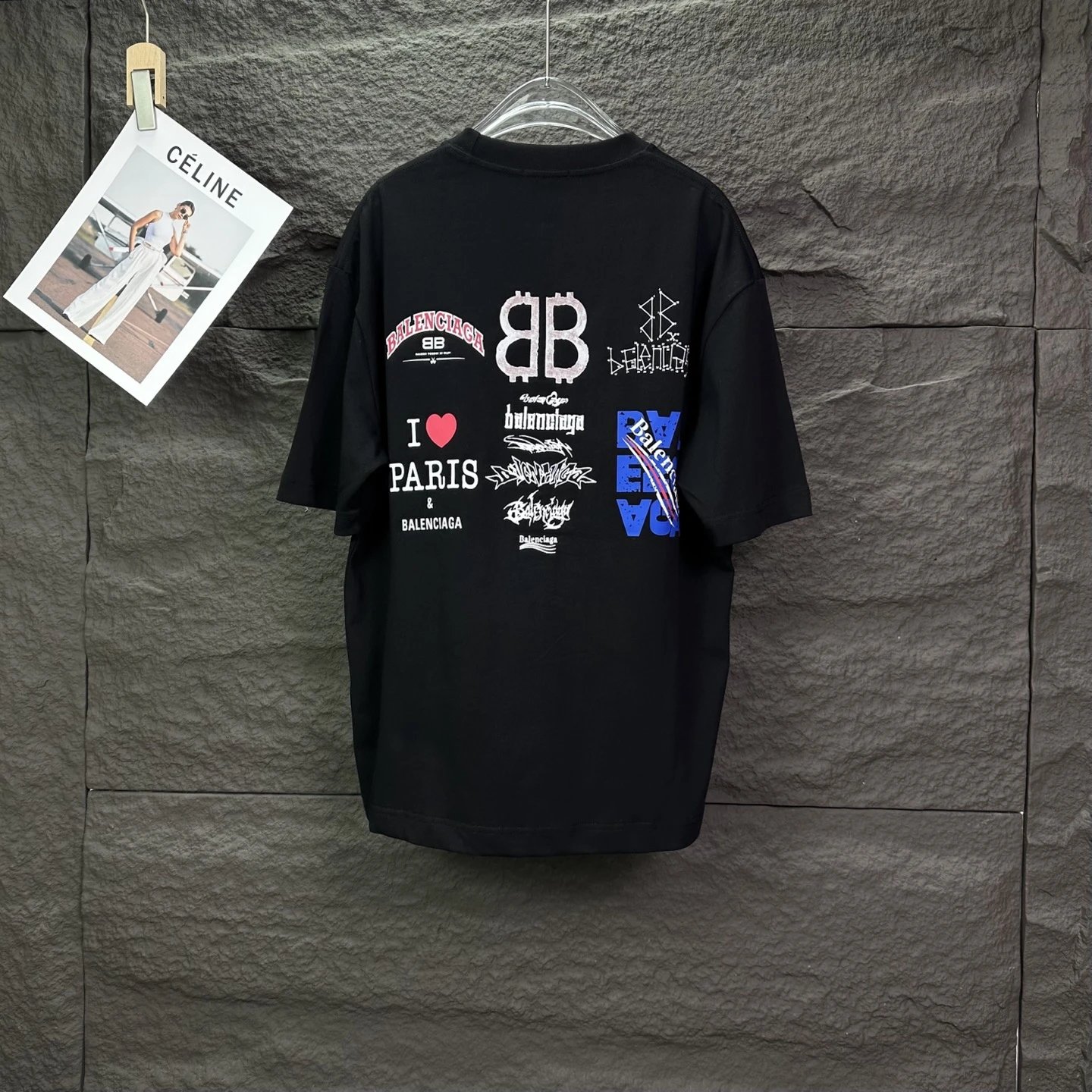 Balenciaga T-Shirt for Men, Trendy Black Graphic Tee with Multi-Logo Print, Casual Streetwear Style, Premium Cotton Short Sleeve Top for Daily and Fashion Outfits.