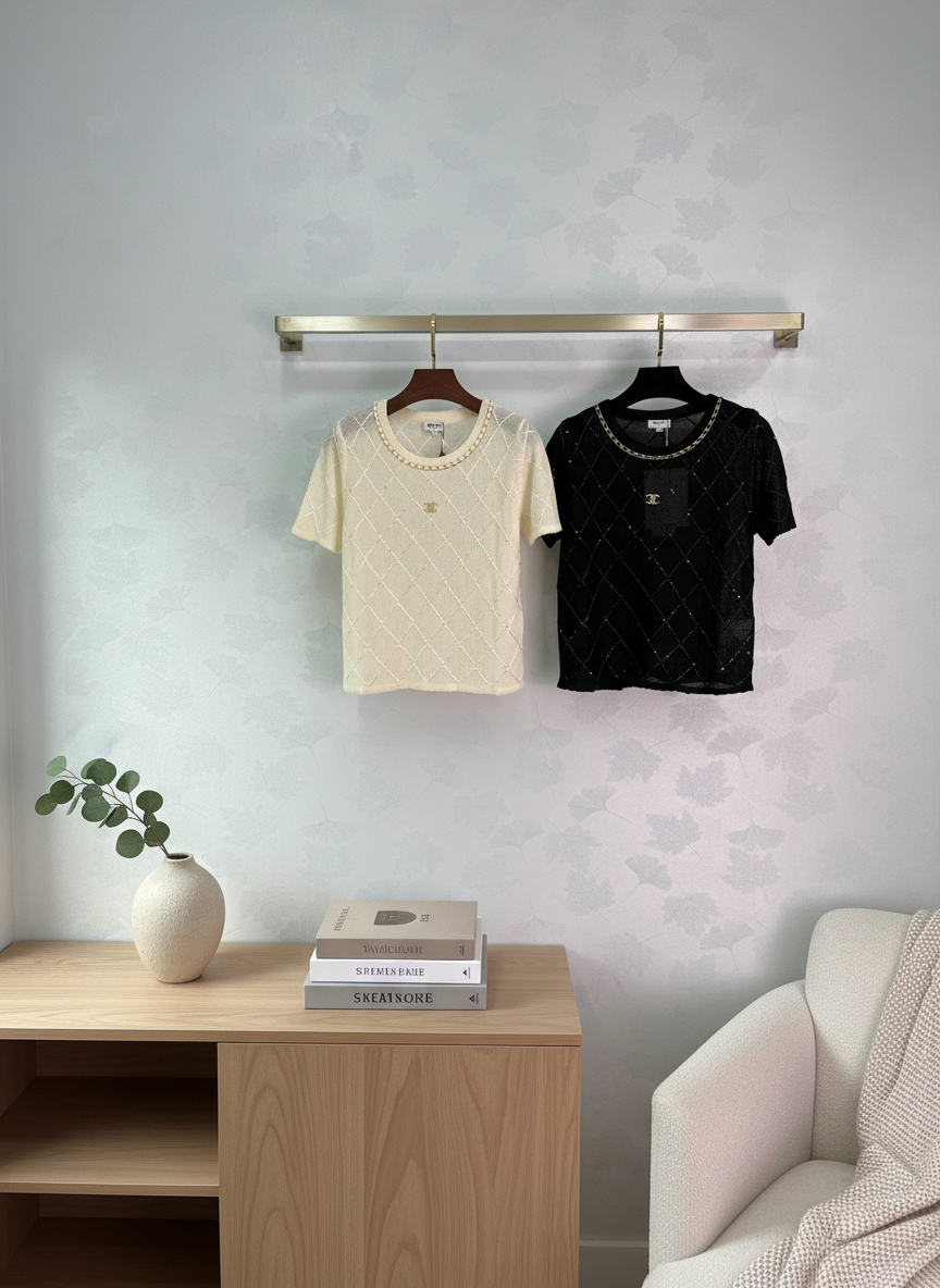 CHANEL Knit T-Shirts Women Black White Fashion Top