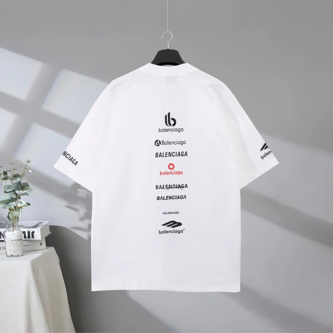 Balenciaga T-Shirt White Cotton Tee with Multiple Logo Prints, Minimalist Streetwear Design, Casual Unisex Top for Everyday Fashion Style