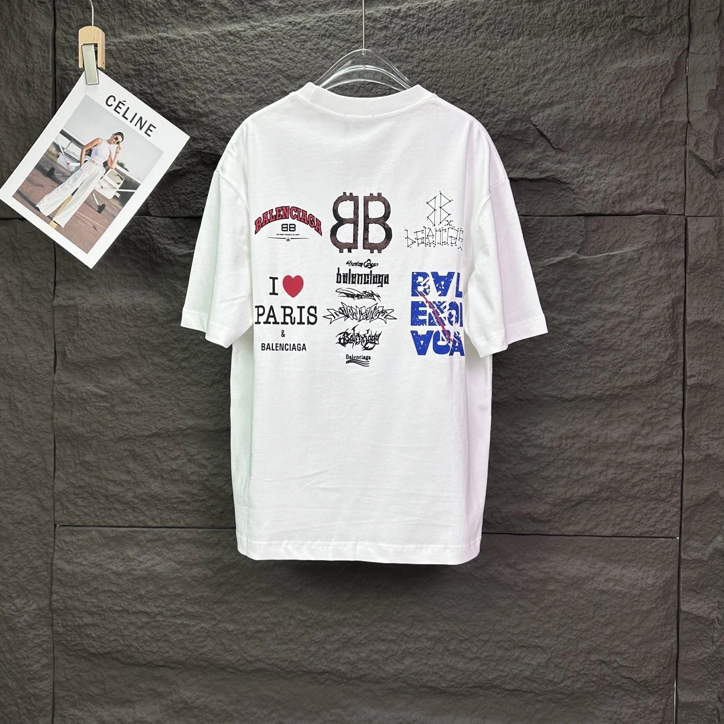 Balenciaga T-Shirt, premium cotton tee featuring multi-logo graphic prints, trendy street fashion design, comfortable fit for men and women, ideal for daily wear and urban style.