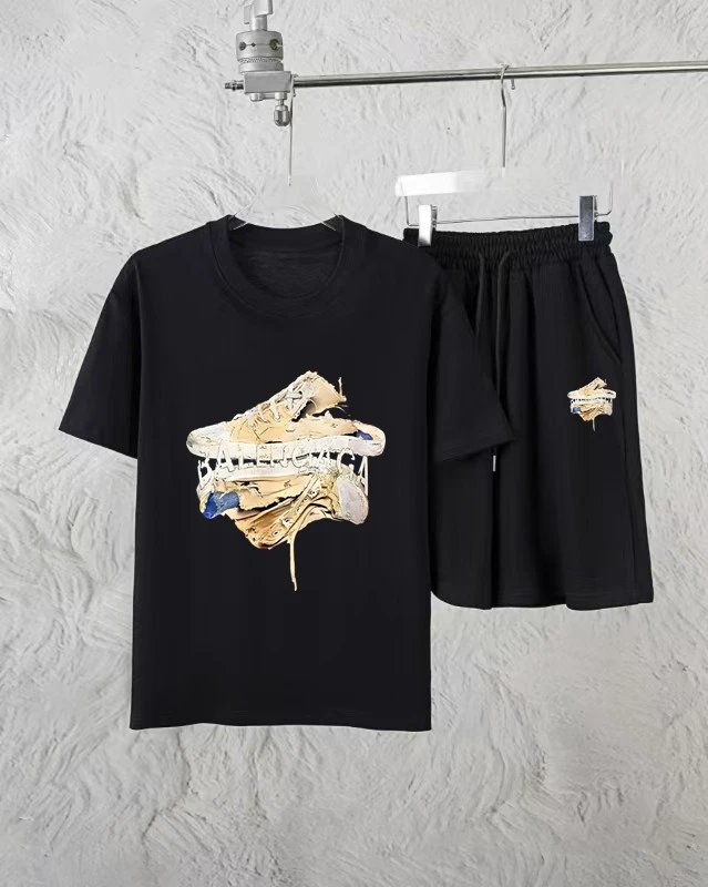 Balenciaga Men Summer T-Shirt Shorts Set Casual Cotton