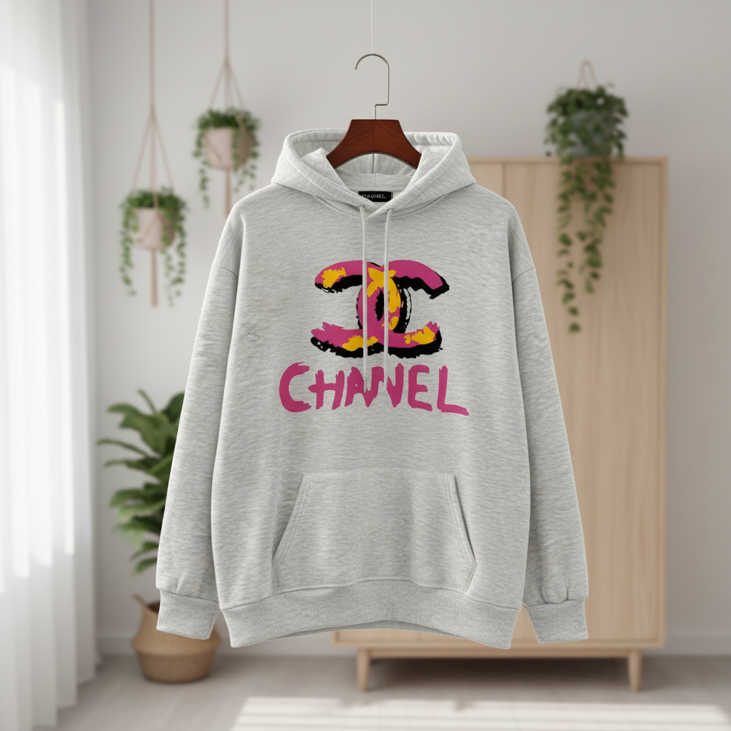 CHANEL Gray Hoodie Colorful Logo Unisex Streetwear