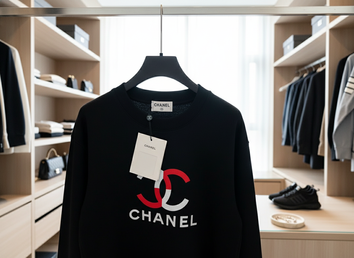 CHANEL Black Cotton Hoodie Red White Logo