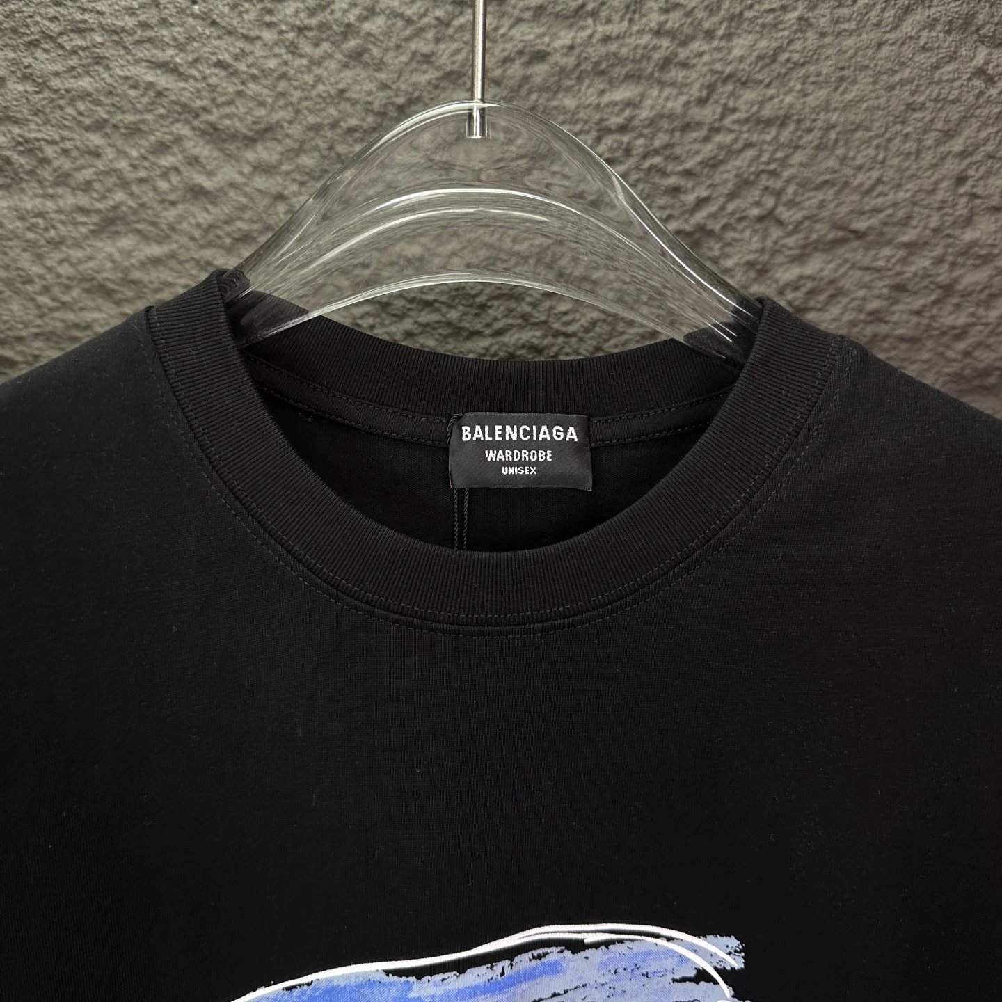 Balenciaga Men’s Logo T-Shirt, Black Cotton Tee Featuring Artistic Blue Brushstroke Design, Casual Streetwear Style, Perfect for Fashion-Forward Outfits and Everyday Comfort.