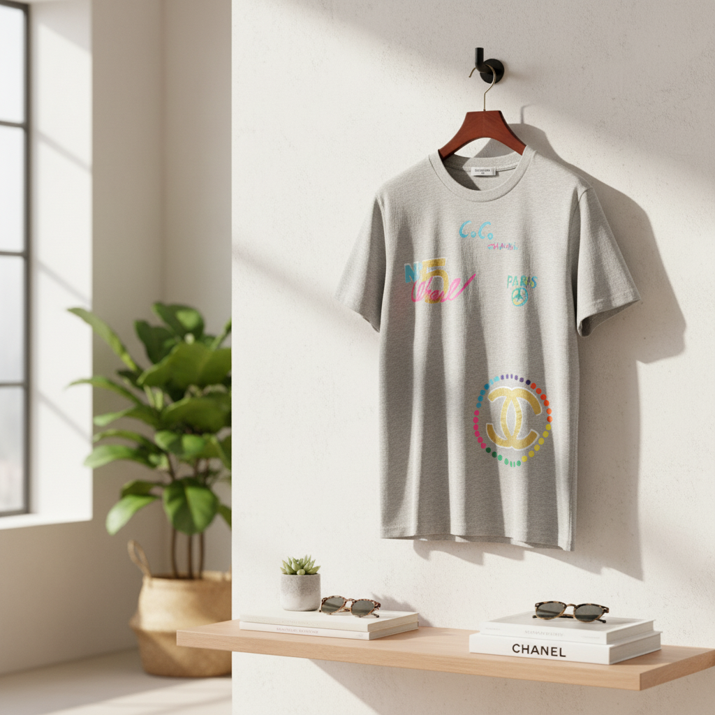 CHANEL Gray Cotton Unisex Graphic Logo T-Shirt