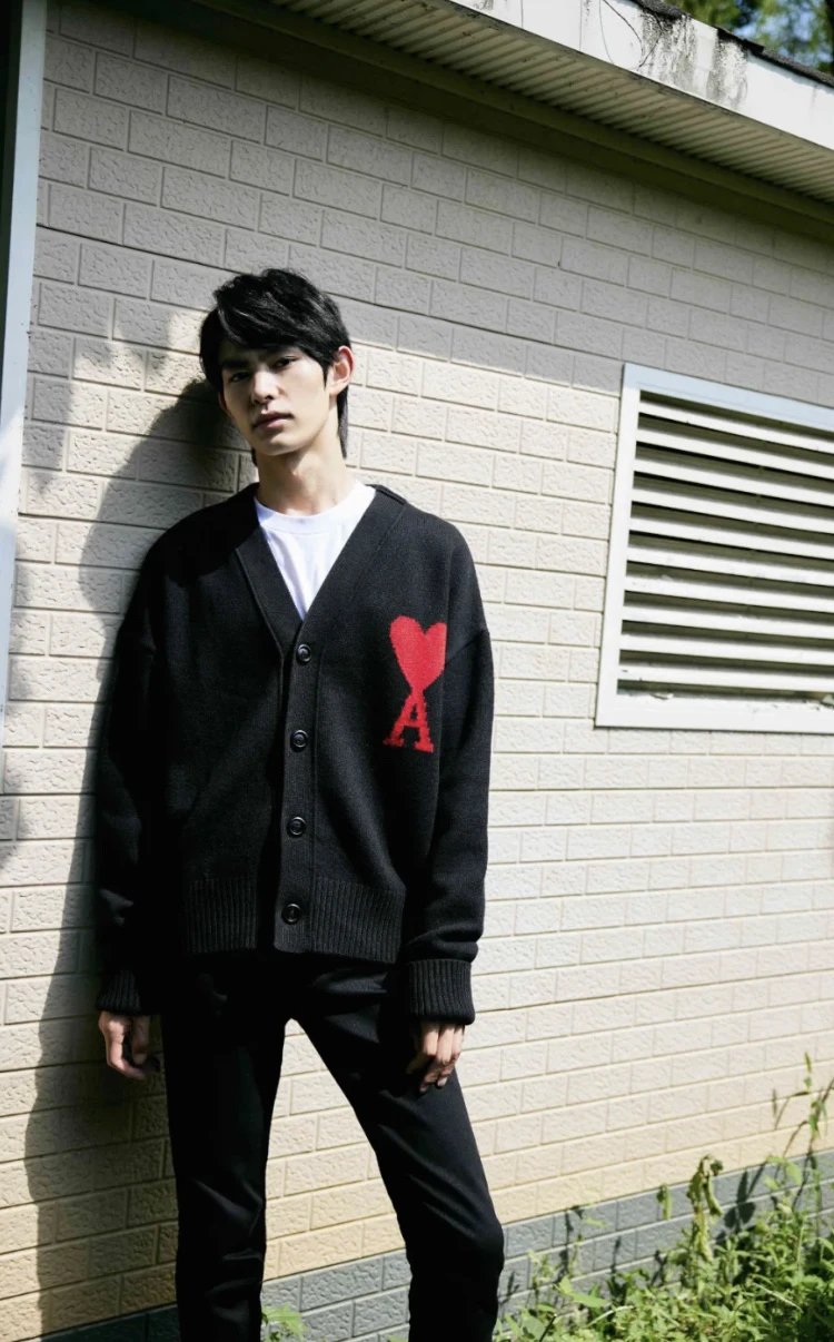 AMI Black Heart A Knit Cardigan V-Neck Sweater Unisex