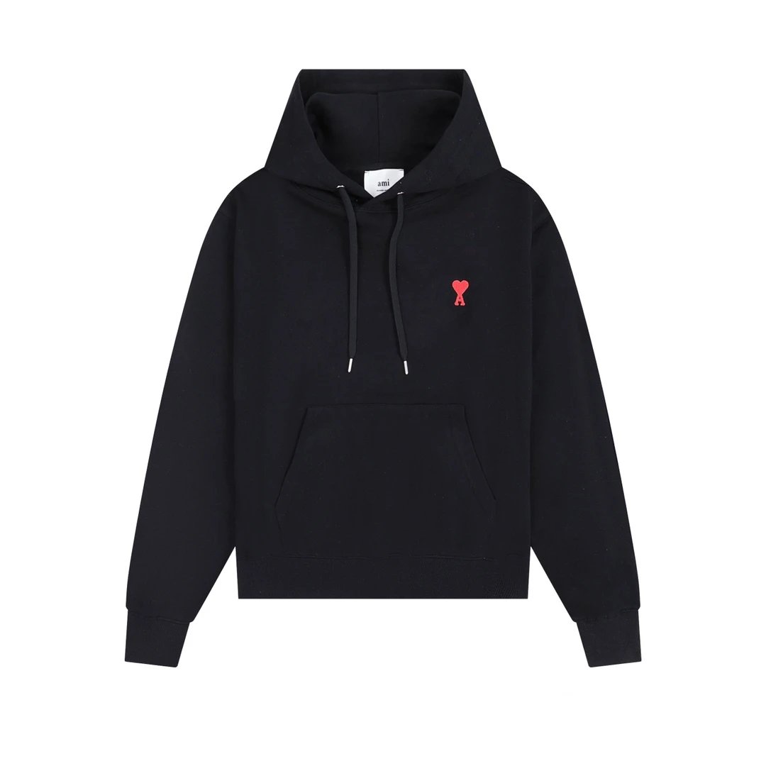 AMI Red Heart Logo Black Cotton Hoodie