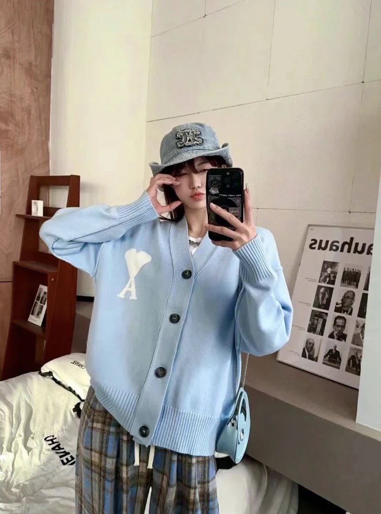 AMI Light Blue V Neck Knit Cardigan Heart A Sweater