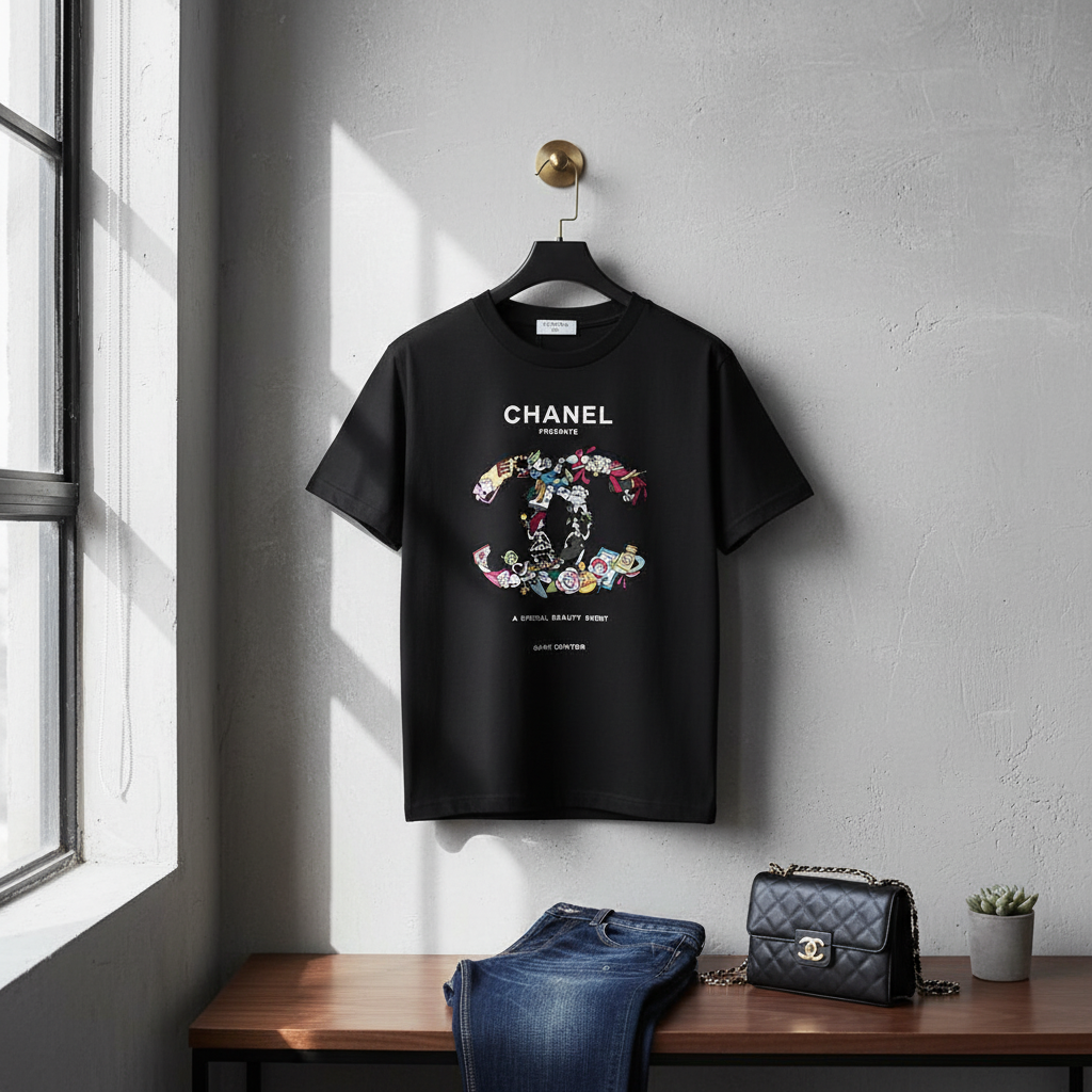 CHANEL Black Logo Print Cotton T-Shirt