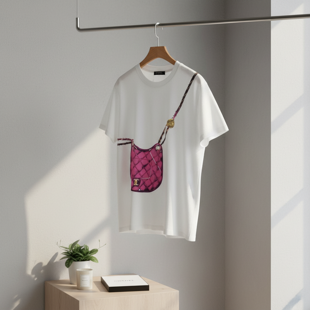 CHANEL Pink Bag Print White Cotton Women T‑Shirt