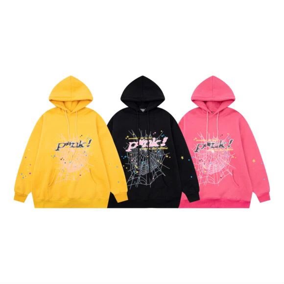 SP5DER Yellow Hoodie Streetwear Spiderweb Pink Print Pullover