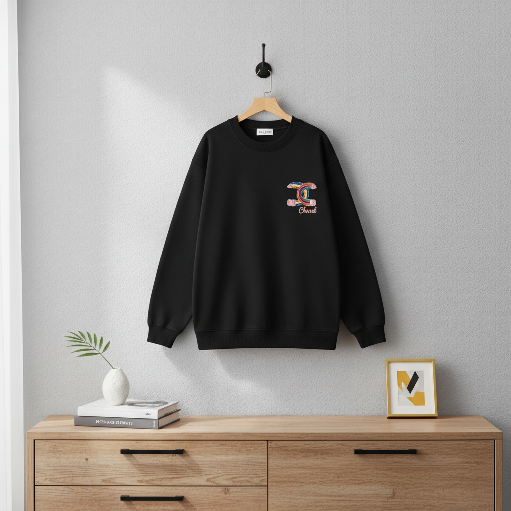 CHANEL Black Hoodie Colorful Logo Cotton Pullover