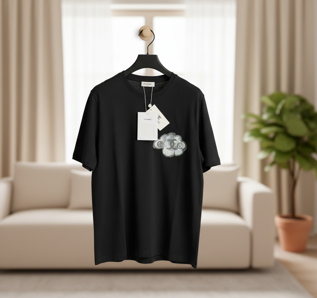 CHANEL Black Cloud Logo Cotton T-Shirt