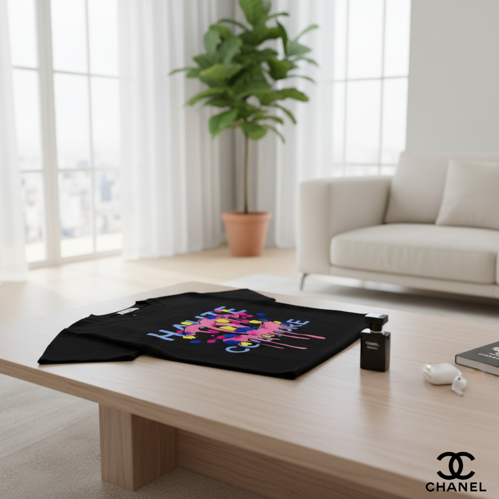 CHANEL Black Drip Logo Cotton T-Shirt Unisex Fashion Tee