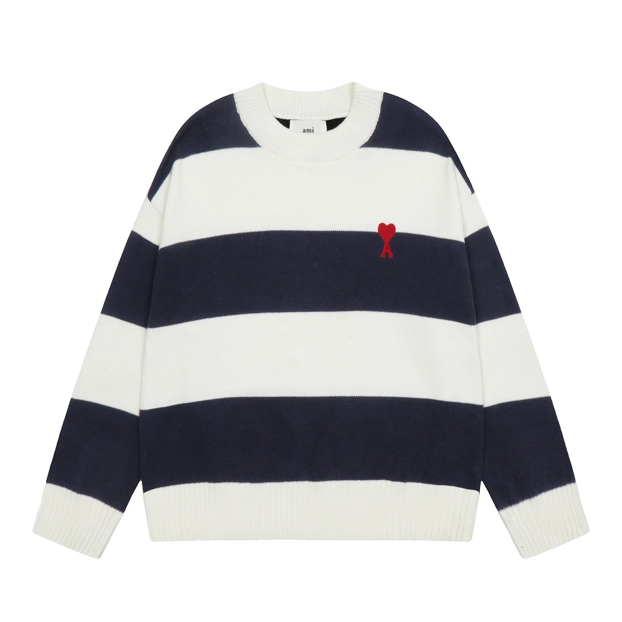 AMI Heart A Navy White Striped Knit Sweater Unisex