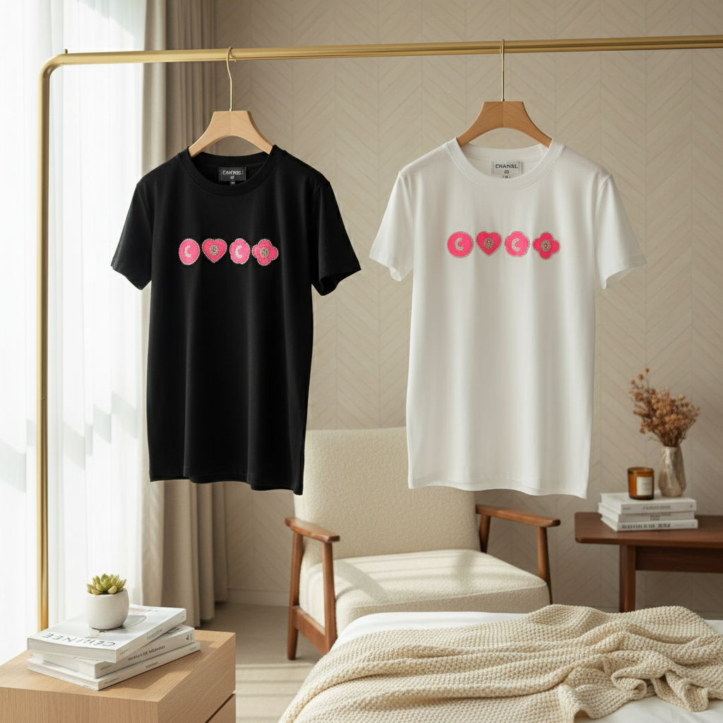 CHANEL Pink COCO Floral Black White T-Shirt