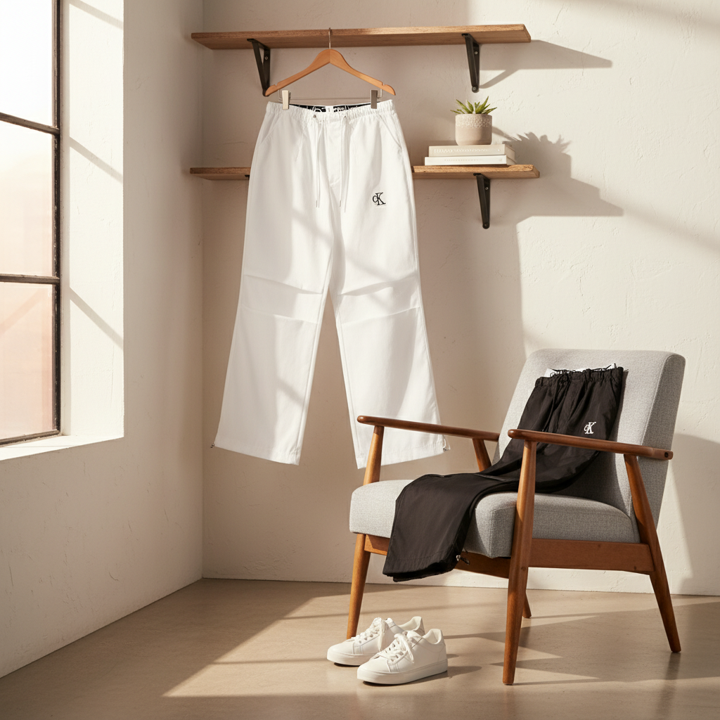 Calvin Klein Wide Leg Drawstring Pants Black White