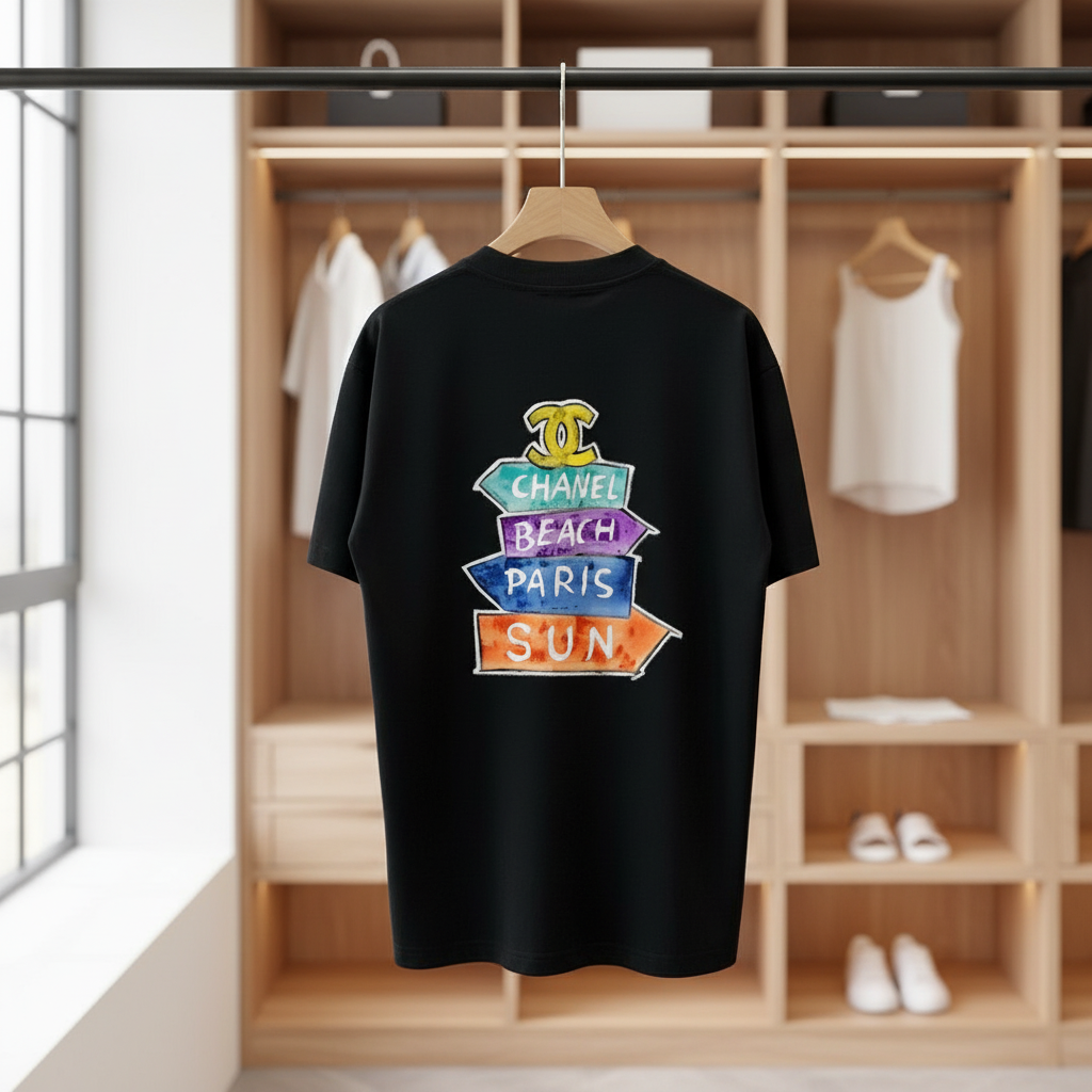 CHANEL Black T-Shirt Beach Paris Sun Graphic