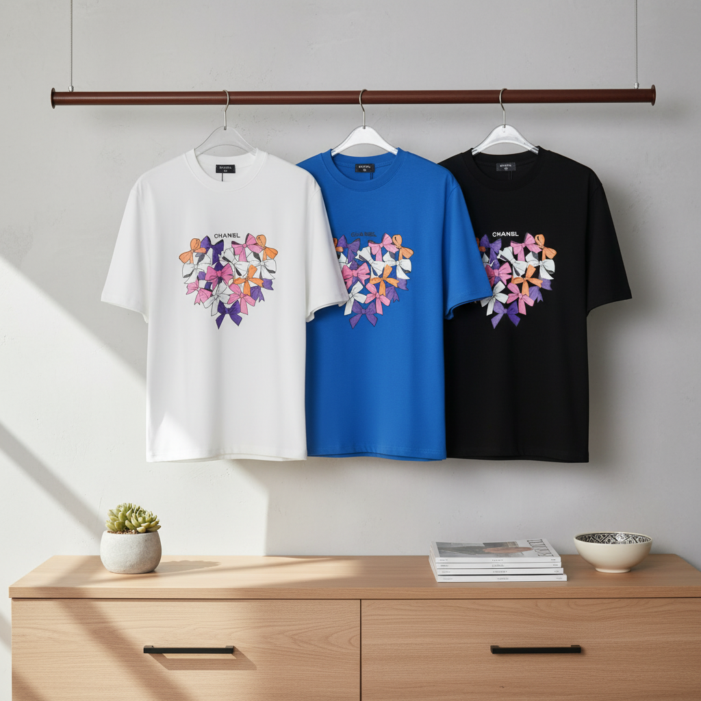 CHANEL Women T-Shirt Colorful Bow Heart Cotton Top