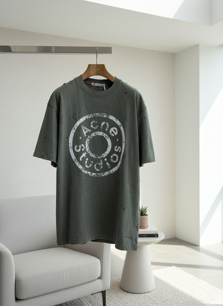 Acne Studios Distressed Logo Cotton T-Shirt Dark Gray