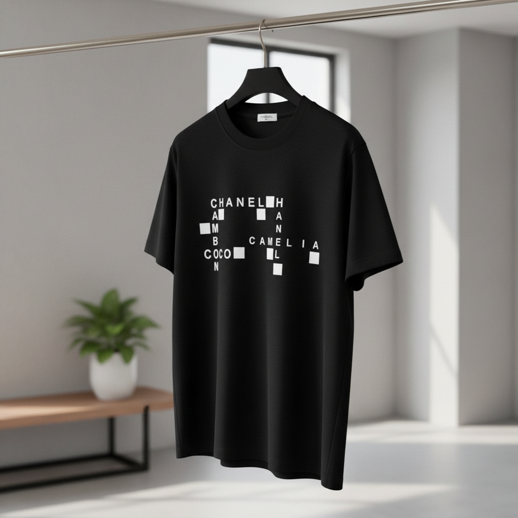 CHANEL Black Cotton Logo Print T-Shirt