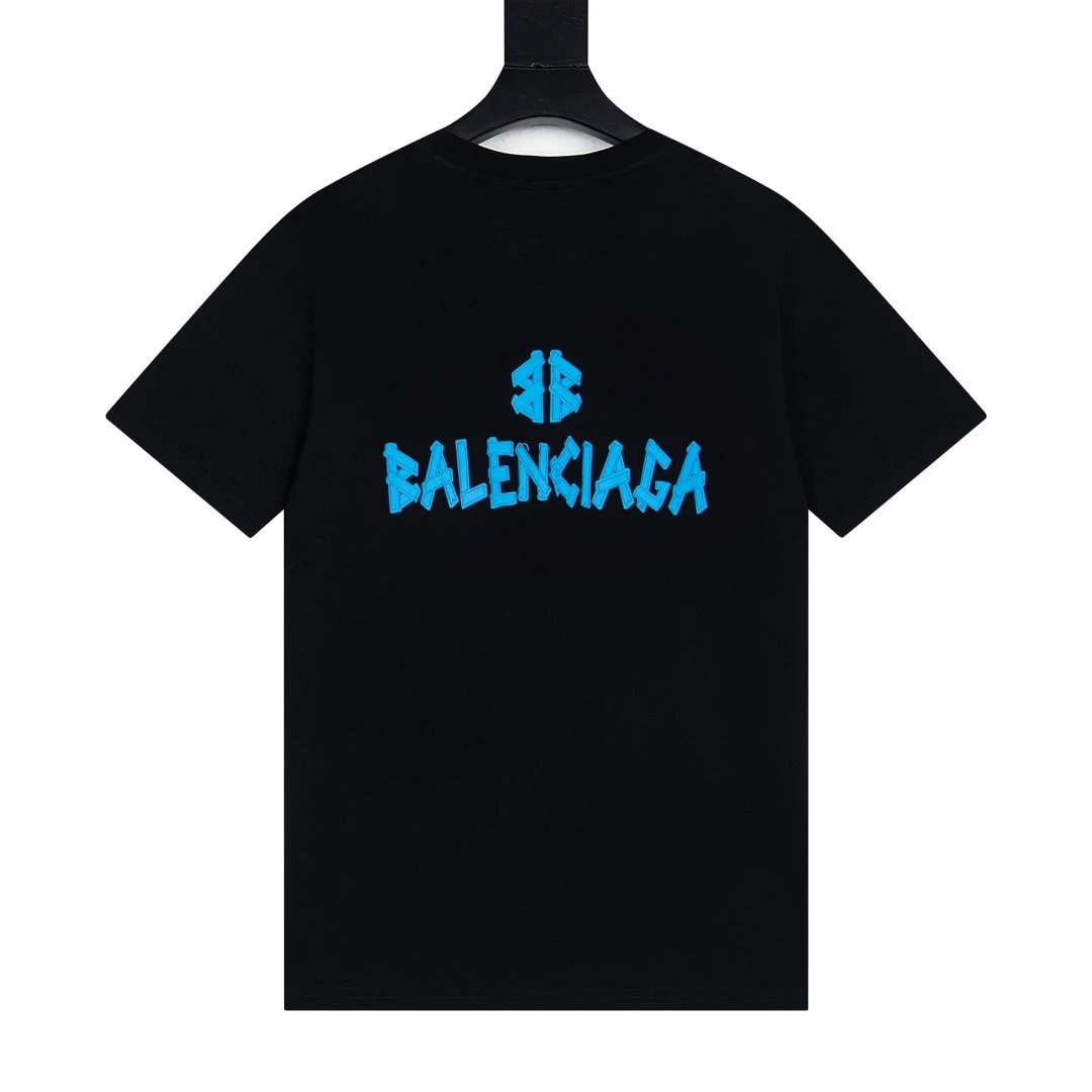 Balenciaga Black Blue Logo Cotton T-Shirt