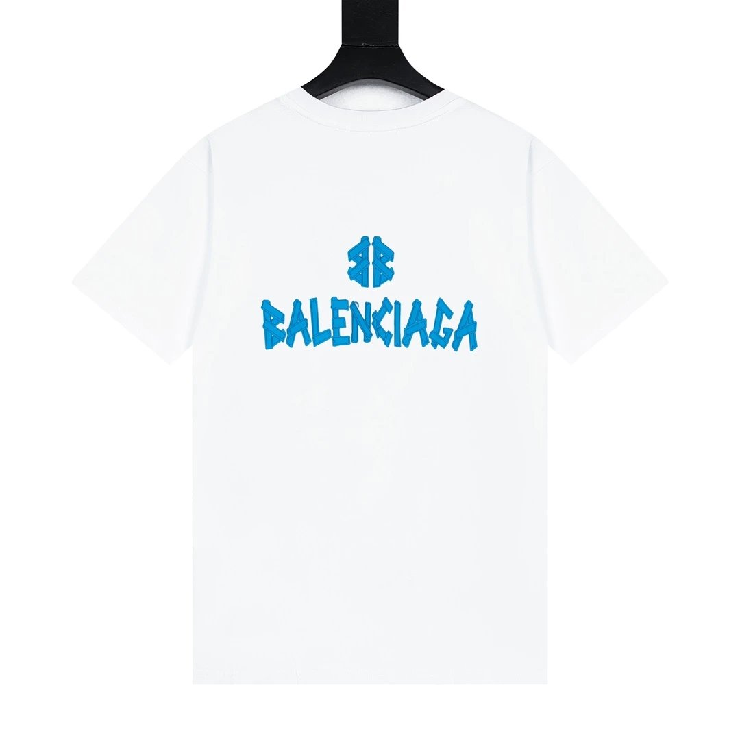 Balenciaga White Blue Logo Cotton T-Shirt