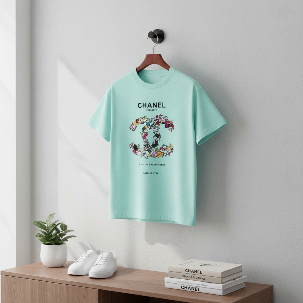 CHANEL Mint Green Graphic Logo Streetwear T-Shirt