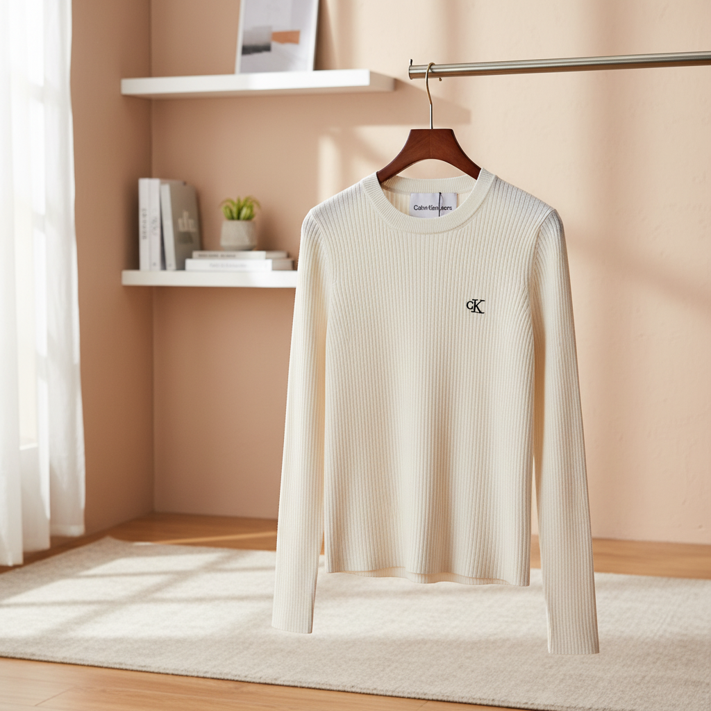 Calvin Klein Ribbed Cotton Hoodie White Long Sleeve