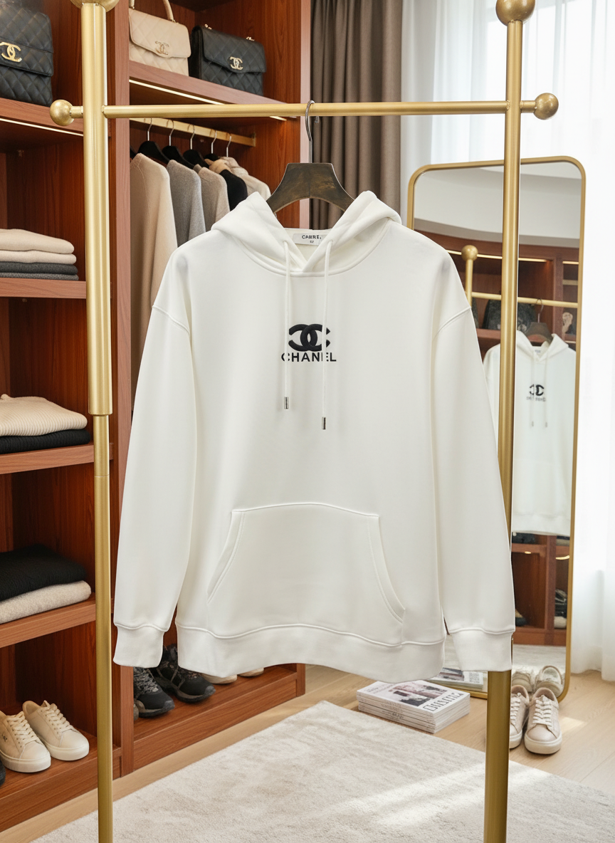 CHANEL White Luxury Logo Cotton Pullover Hoodie
