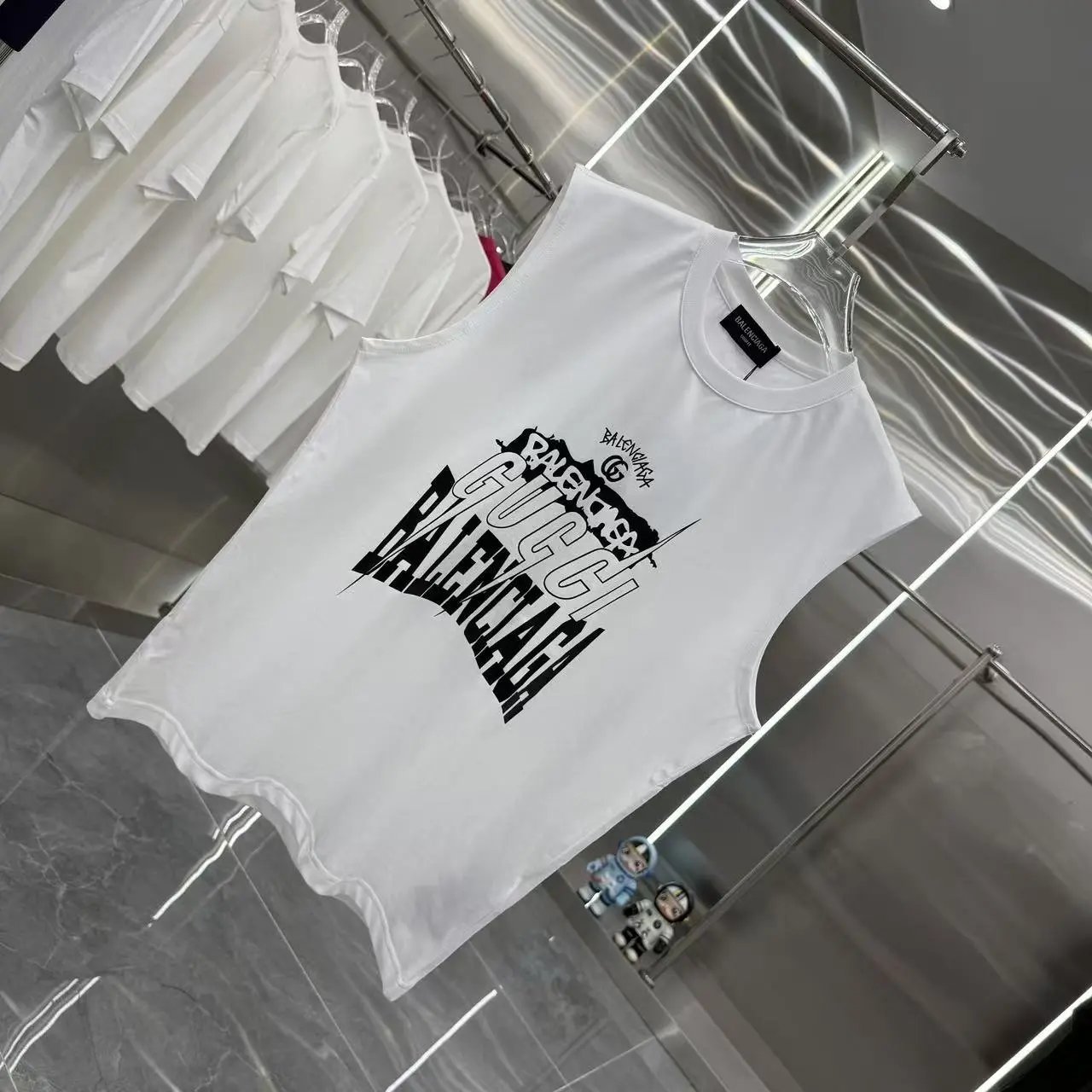 Balenciaga Men Sleeveless Cotton T‑Shirt White Logo