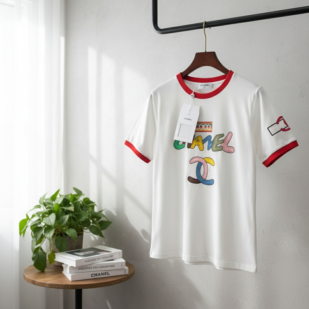 CHANEL Colorful Logo Cotton T-Shirt Red Trim Unisex Tee