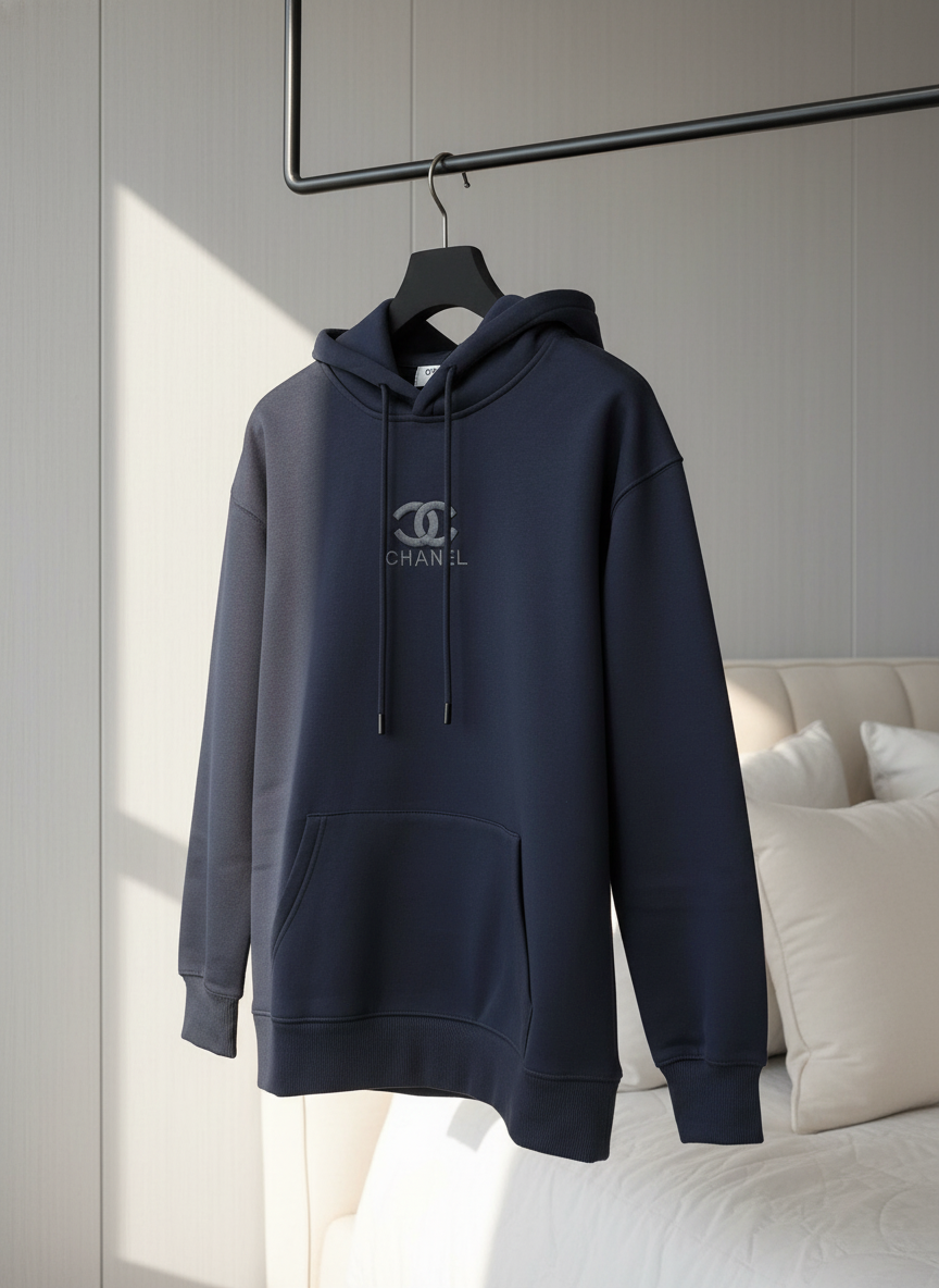 CHANEL Black Cotton Logo Hoodie Pullover