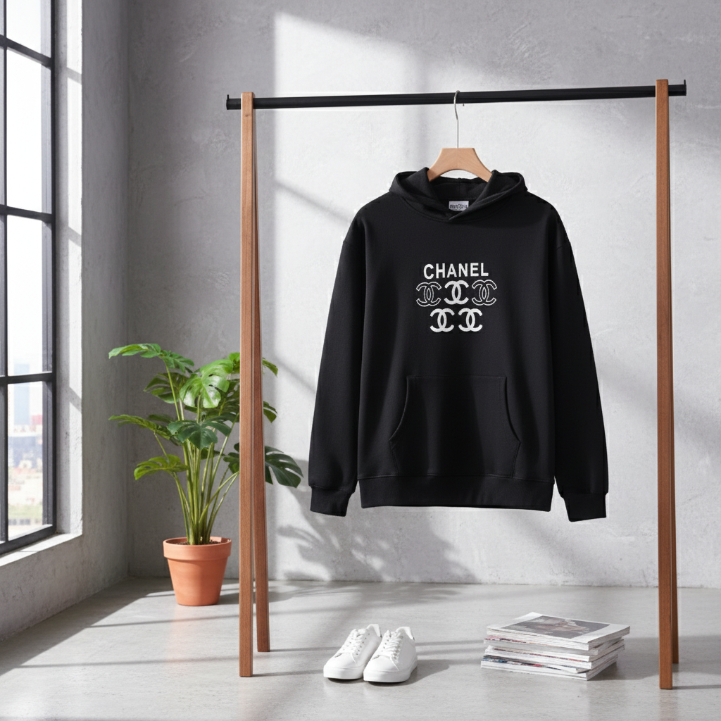 CHANEL Black Fleece Hoodie Unisex Pullover