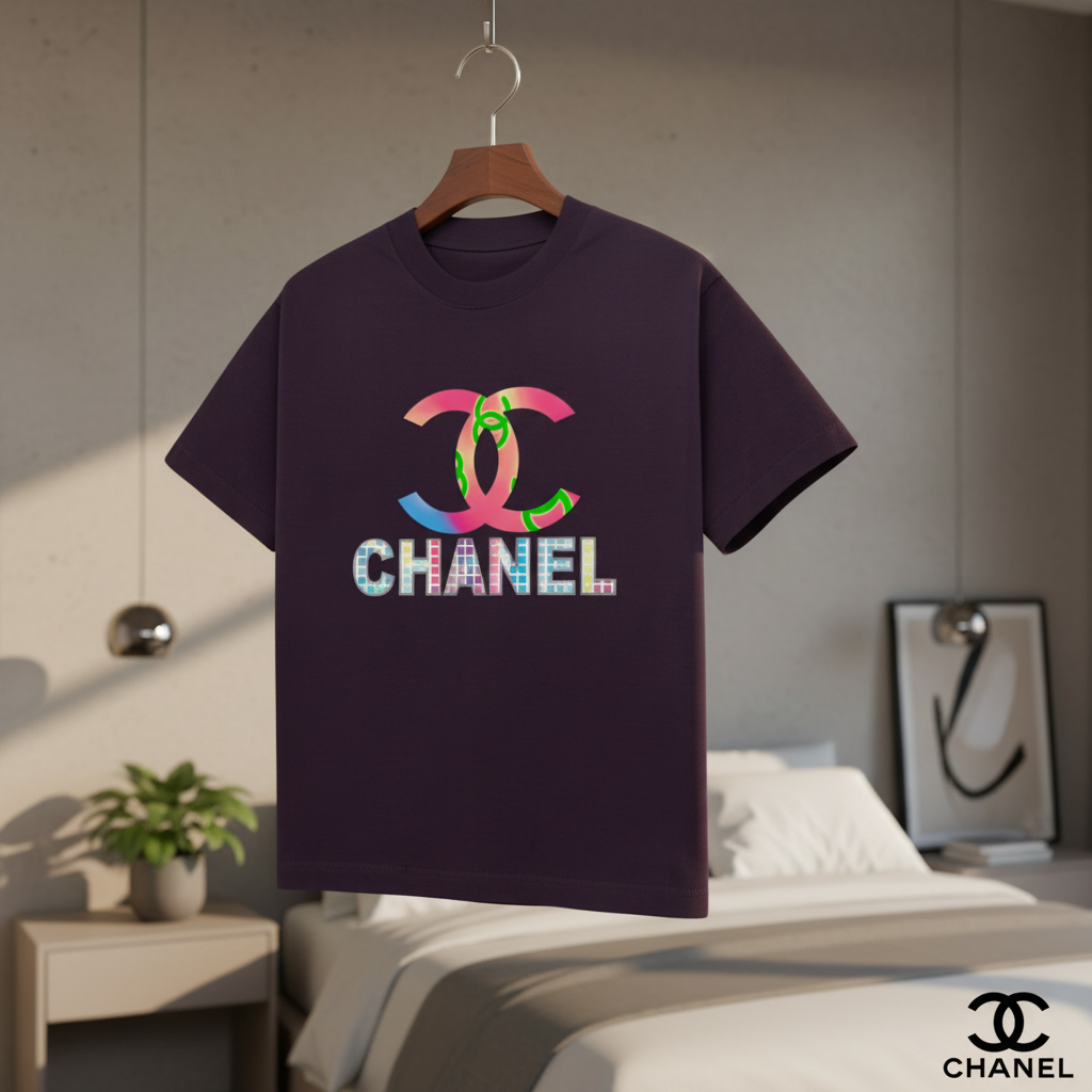 CHANEL Gradient Logo Cotton Casual T-Shirt