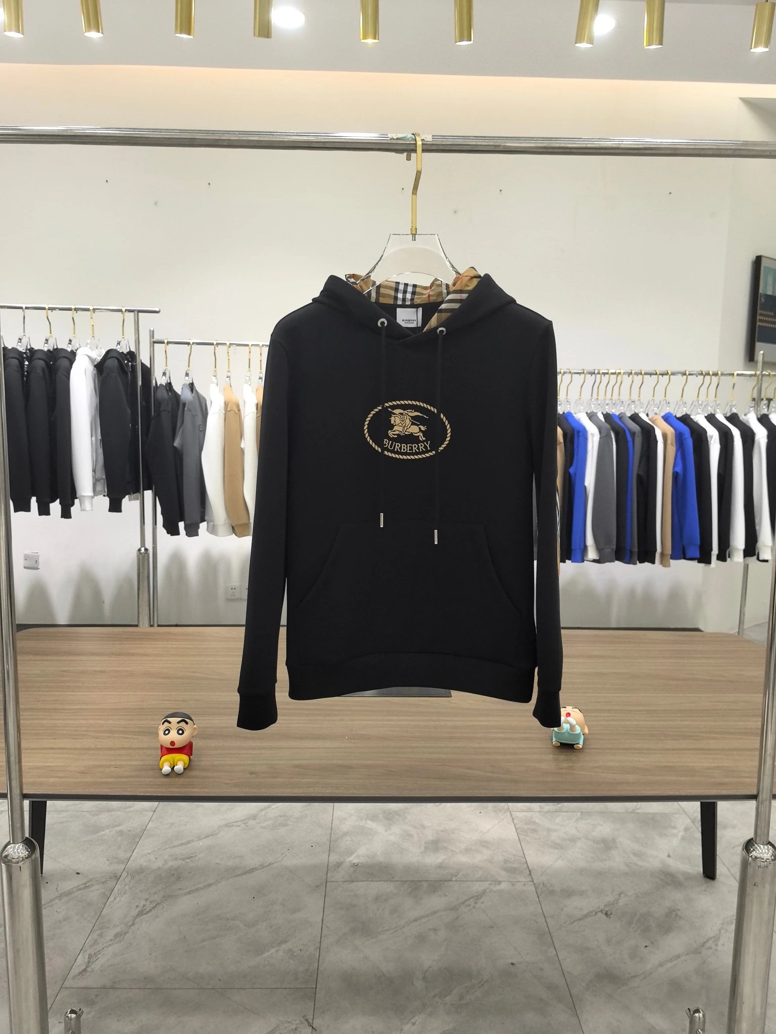 Burberry Black Hoodie Embroidered Logo Check Lined Sweatshirt