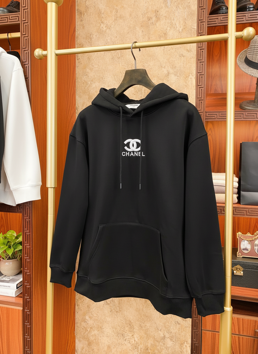 CHANEL Black Hoodie Luxury Streetwear Cotton Pullover
