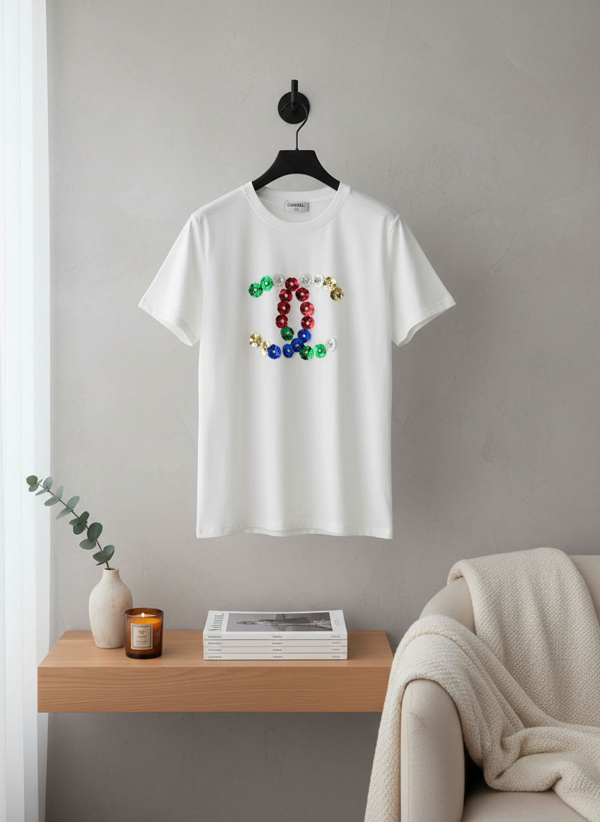 CHANEL Women Sequin Logo T-Shirt Black Pink White Tops