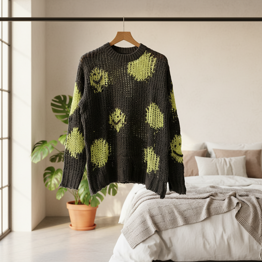 Acne Studios Black Smiley Distressed Knit Hoodie
