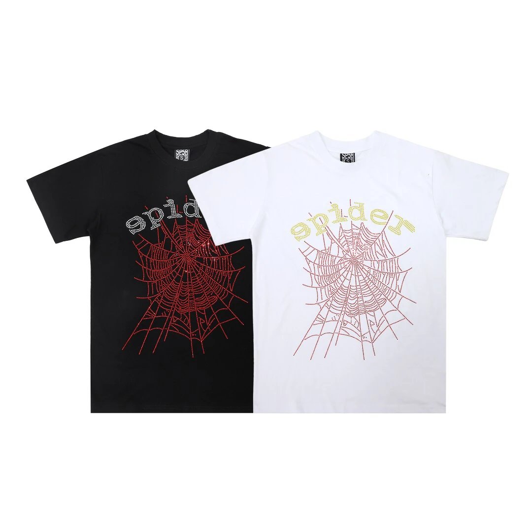 SP5DER Black Rhinestone Web Unisex Cotton T-Shirt
