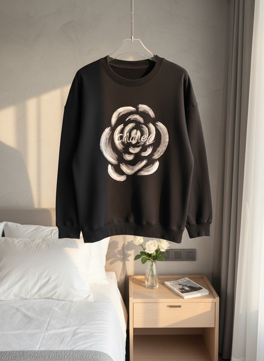 CHANEL Black Camellia Cotton Hoodie Luxury Sweatshirt