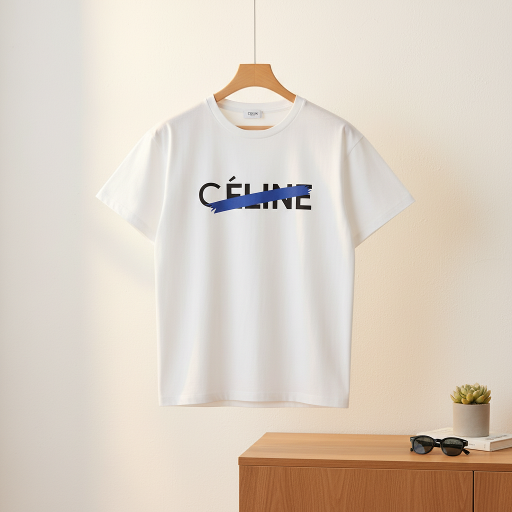 CELINE Logo Print White Cotton T-Shirt