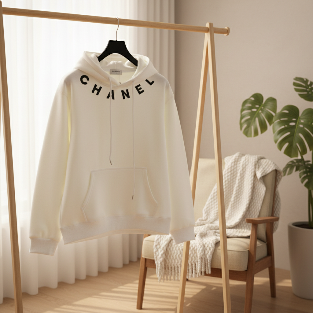CHANEL White Logo Print Hoodie Pullover