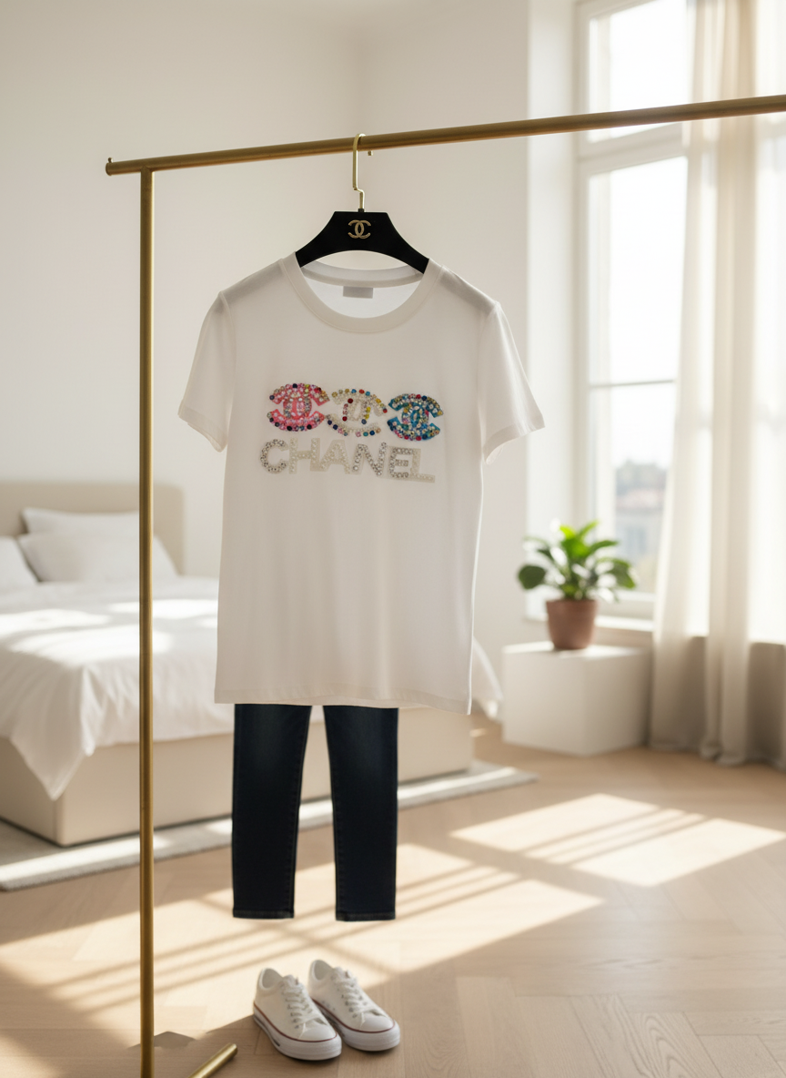 Chanel Women Crystal Logo Cotton Rhinestone T-Shirt Top